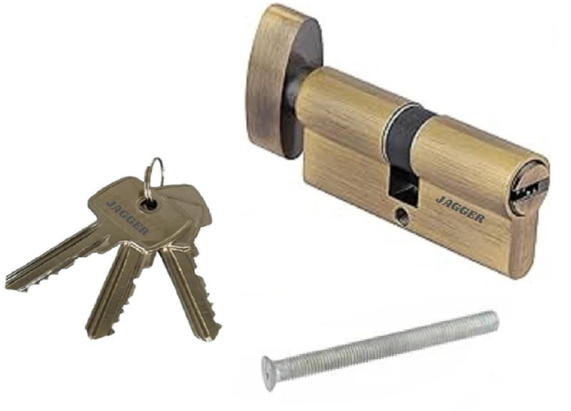JAGGER قفل أسطوانة JAG344 70 مم | مفتاح من جانب ومقبض من جانب آخر | استبدال أسطوانة قفل مورتيس كامل الحجم للأبواب | للأبواب المنزلية والفندقية (نحاس [70 مم]، قفل مورتيس) - Image 1