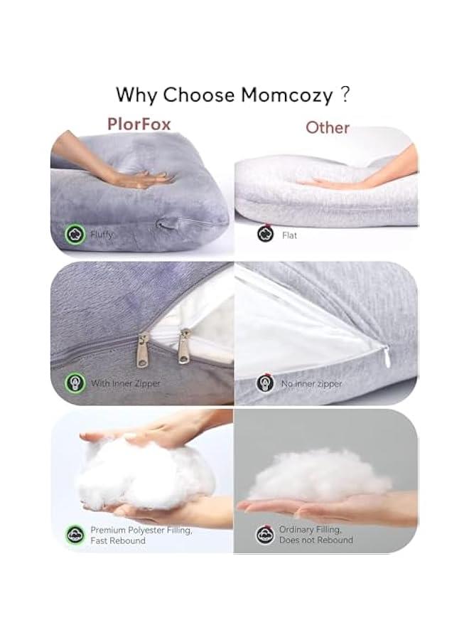 هوكور وسائد حمل على شكل حرف U من بلورفوكس، مصنوعة من رغوة الذاكرة بطول 180 سم، وسادة حمل لكامل الجسم مع غطاء قابل للازالة، وسائد للجسم للبالغين، وسادة امومة ضرورية للحمل - Image 4