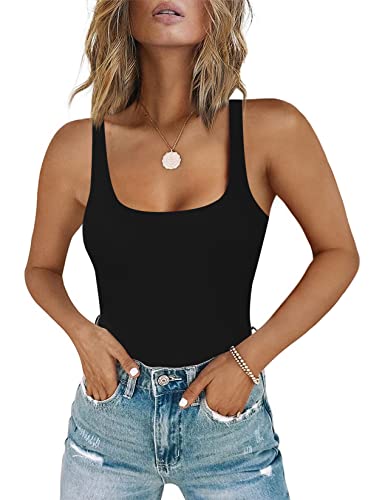 Chunpin Women's Sleeveless Square Neck Tank Bodysuit Outfits Tops Thong Body Suits for Going Out Black L - Image 1