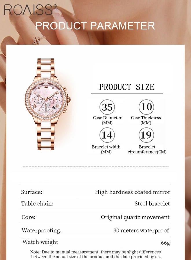 رويس ساعة كرونوغراف كوارتز بحزام سيراميك للنساء، ساعة بقرص دائري مع زخرفة الماس وعرض التاريخ، ساعة يد فاخرة مضيئة مقاومة للماء كهدية للسيدات - Image 4