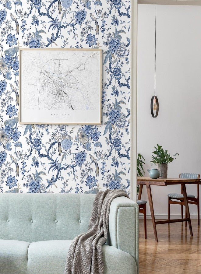 Drydiet Chinoiserie Peel and Stick Wallpaper Blue and White Wallpaper Removable Self Adhesive Floral Wallpaper Vintage Wallpaper Boho Bord Flower Contact Paper for Bedroom Living Room 118.1" x 15.75" - Image 4