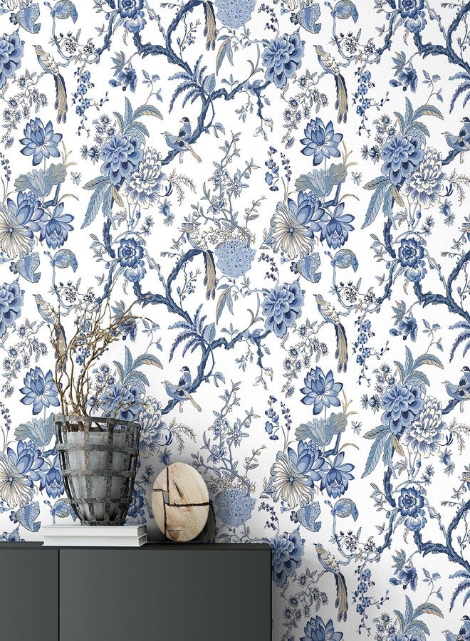 Drydiet Chinoiserie Peel and Stick Wallpaper Blue and White Wallpaper Removable Self Adhesive Floral Wallpaper Vintage Wallpaper Boho Bord Flower Contact Paper for Bedroom Living Room 118.1" x 15.75" - Image 1