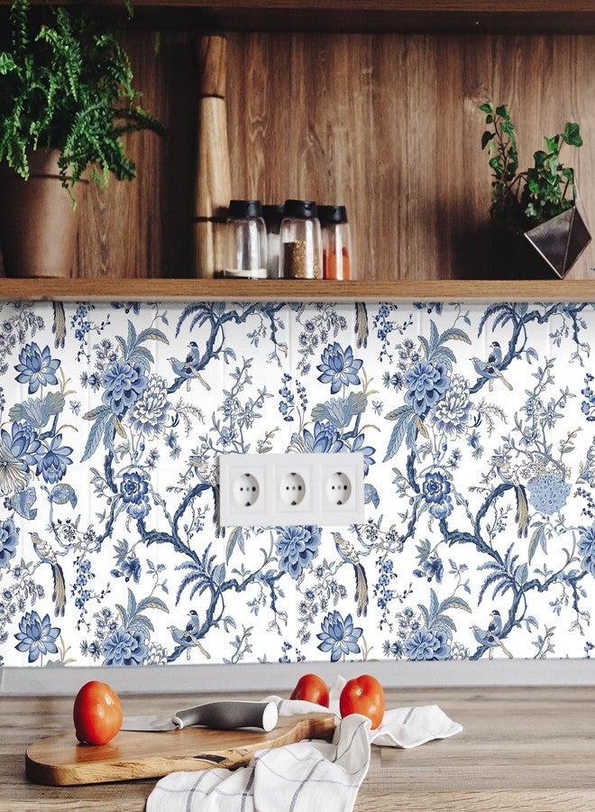 Drydiet Chinoiserie Peel and Stick Wallpaper Blue and White Wallpaper Removable Self Adhesive Floral Wallpaper Vintage Wallpaper Boho Bord Flower Contact Paper for Bedroom Living Room 118.1" x 15.75" - Image 5