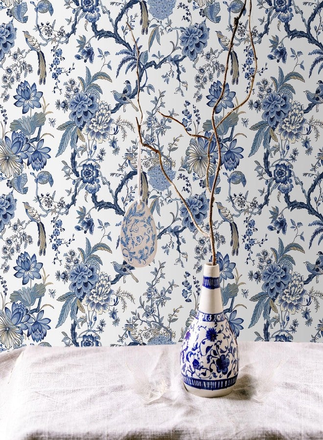 Drydiet Chinoiserie Peel and Stick Wallpaper Blue and White Wallpaper Removable Self Adhesive Floral Wallpaper Vintage Wallpaper Boho Bord Flower Contact Paper for Bedroom Living Room 118.1" x 15.75" - Image 3