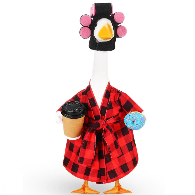 Shyyween Lady Porch Goose Outfit for 23'' Cement Plastic Lawn Goose Statue Clothes Bathrobe Coffee Cup Curlers for Outdoor Garden Yard Patio Decoration(Leopard Print Color) - Image 1