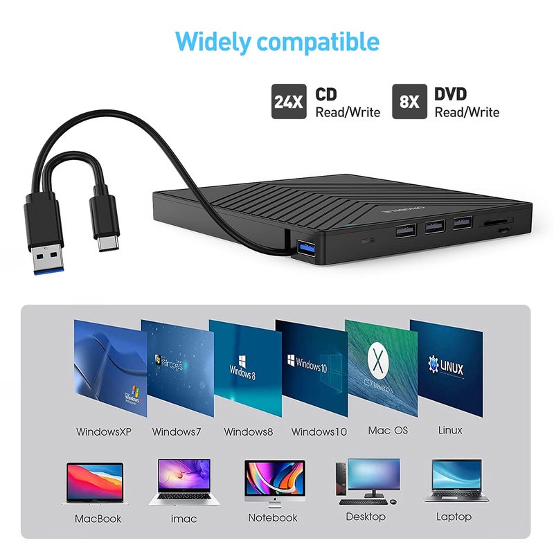ORIGBELIE External CD DVD Drive, Ultra Slim CD Burner USB 3.0 with 4 USB Ports and 2 TF/SD Card Slots, Optical Disk Drive for Laptop Mac PC Windows 11/10/8/7 Linux OS with Carrying Case - Image 5
