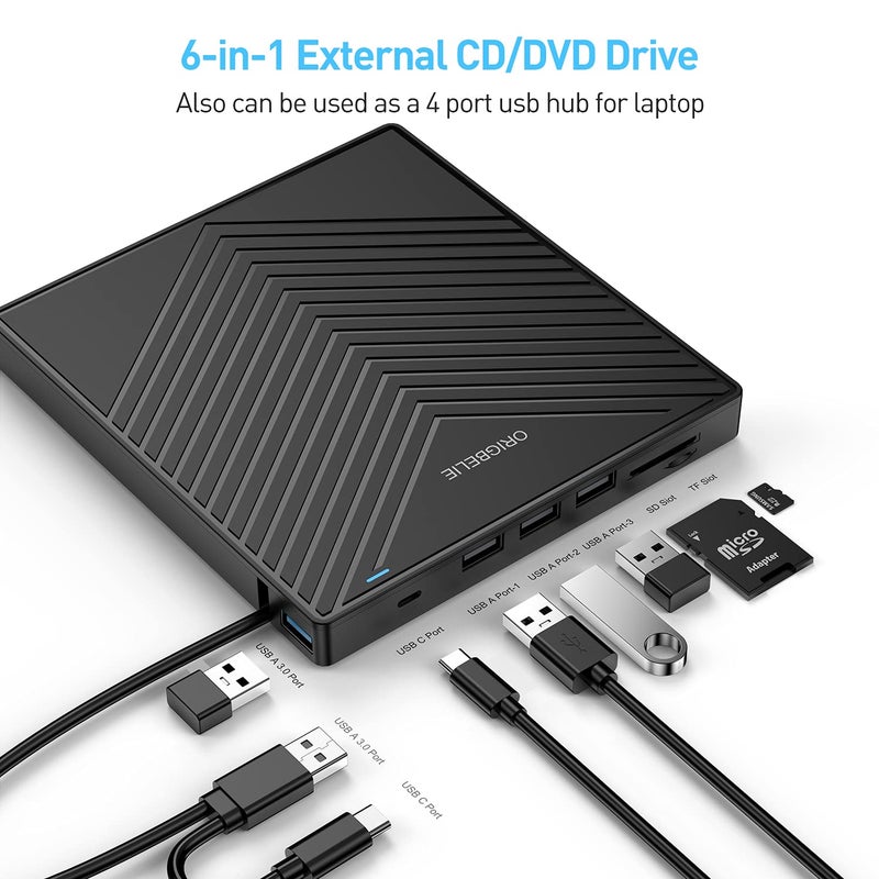 ORIGBELIE External CD DVD Drive, Ultra Slim CD Burner USB 3.0 with 4 USB Ports and 2 TF/SD Card Slots, Optical Disk Drive for Laptop Mac PC Windows 11/10/8/7 Linux OS with Carrying Case - Image 3