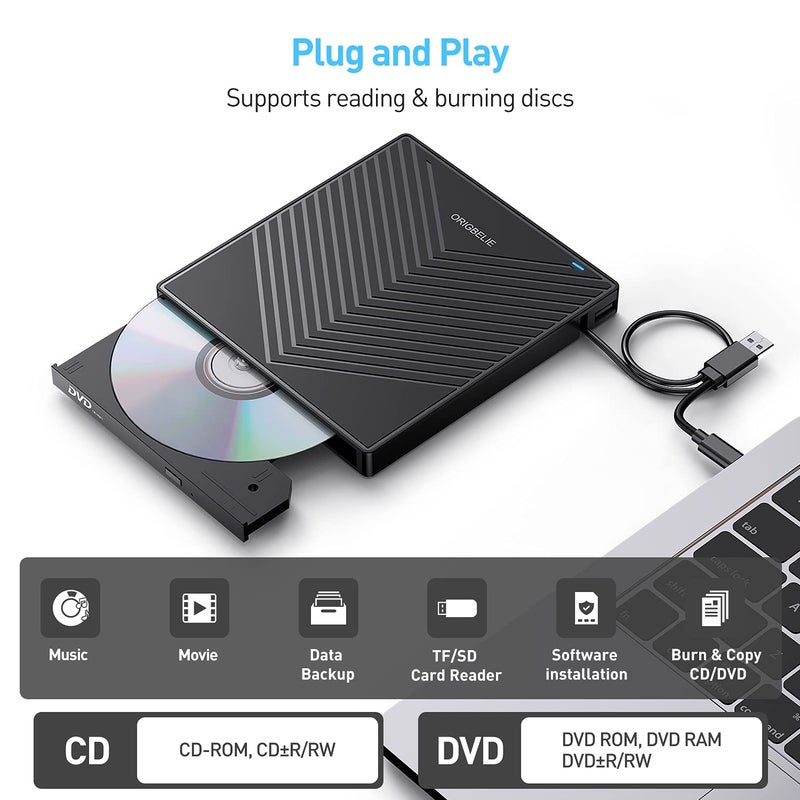 ORIGBELIE External CD DVD Drive, Ultra Slim CD Burner USB 3.0 with 4 USB Ports and 2 TF/SD Card Slots, Optical Disk Drive for Laptop Mac PC Windows 11/10/8/7 Linux OS with Carrying Case - Image 4