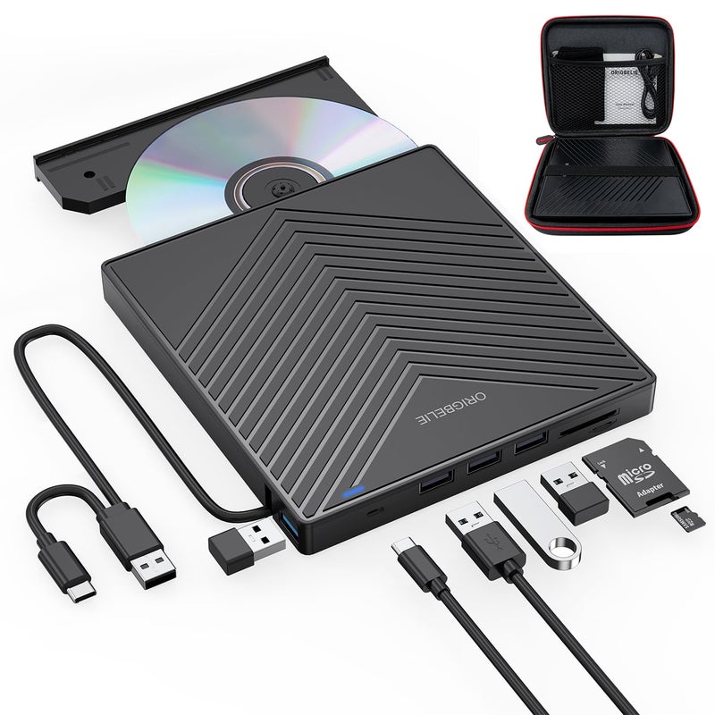 ORIGBELIE External CD DVD Drive, Ultra Slim CD Burner USB 3.0 with 4 USB Ports and 2 TF/SD Card Slots, Optical Disk Drive for Laptop Mac PC Windows 11/10/8/7 Linux OS with Carrying Case - Image 1