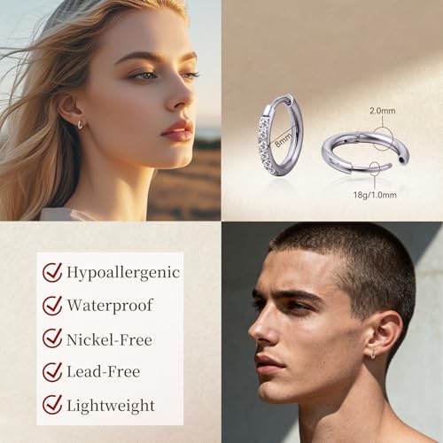Limerencia G23 Pure Titanium Small Huggie Hoop Earrings,Hypoallergenic 18g Cartilage Hoops Cubic Zirconia Cuff Earrings Piercing Jewelry for Women Sensitive Ears(8mm, White CZ) - Image 3