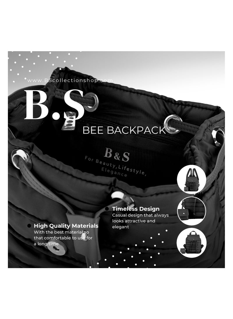 B.S COLLECTION Women's Backpack in Soft Fabric Waterproof Quilted Design Black BEE BACKPACK  - Image 4