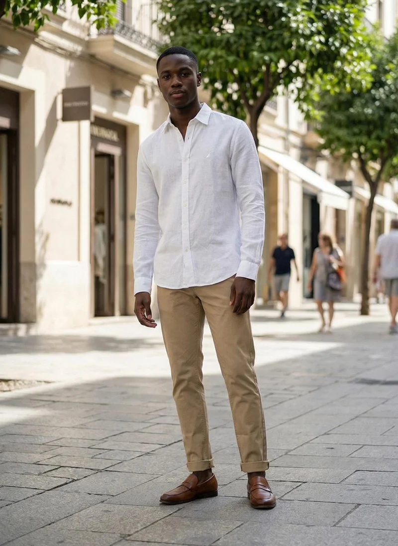 Nautica  Men Regular Fit Solid Linen Shirt for Everyday Casual Wear-White for Men | Best Price UAE