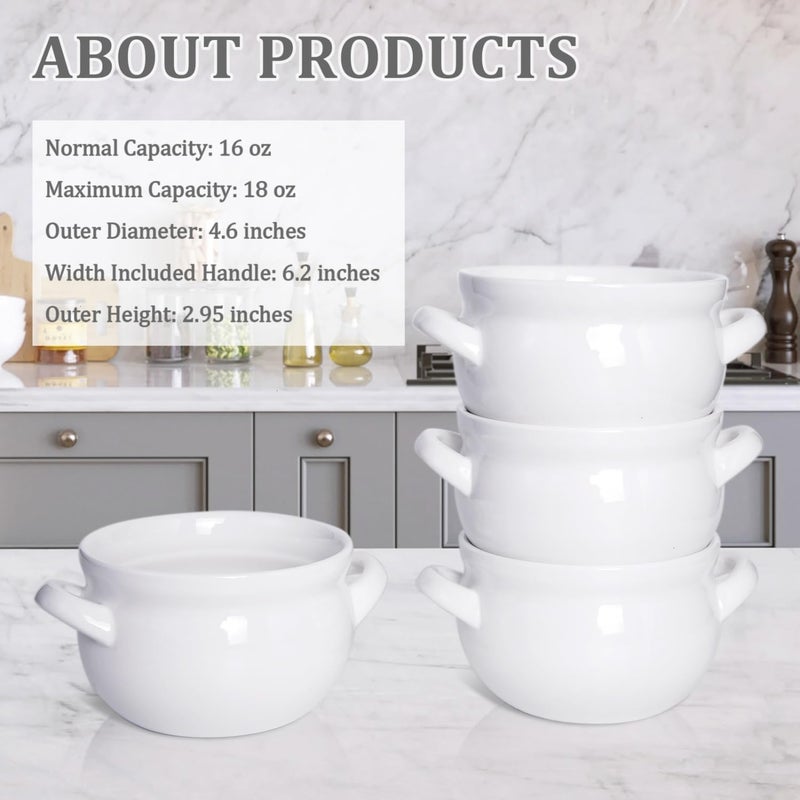 Vumdua Soup Bowls with Handles 16 Oz Ceramic French Onion Soup Bowls  Stackable Oven Safe Bowls Serving Soup Crocks for Soup Cereal Chilli Pot Pies Set of 4 White  - Image 2