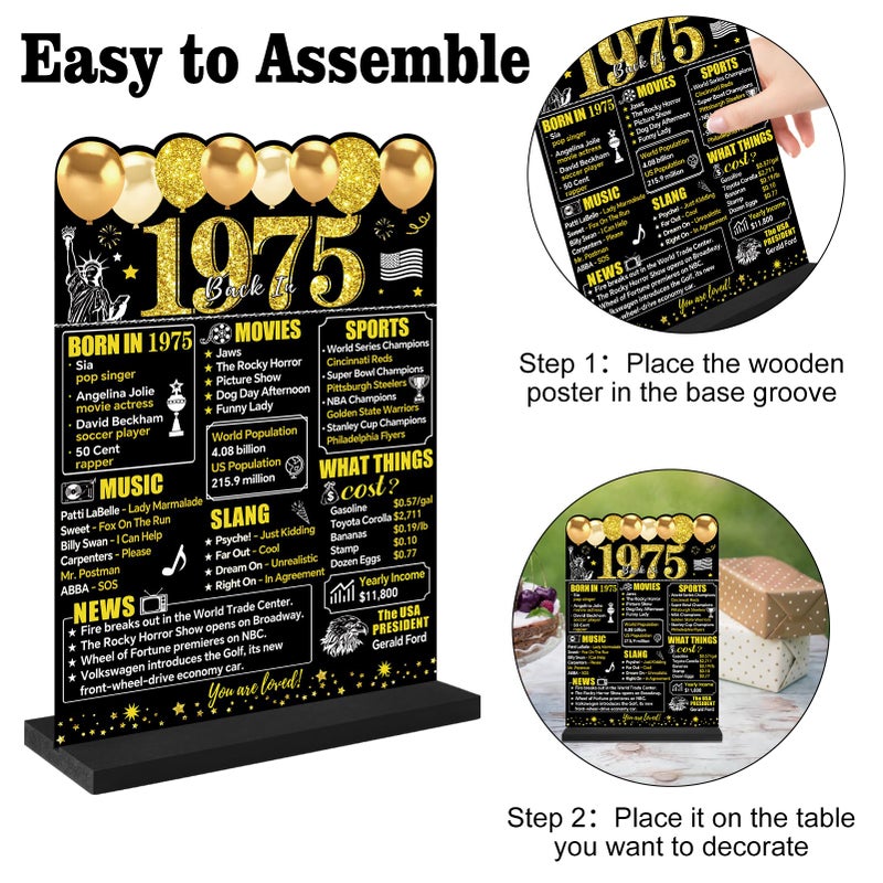Guiruiy Black Gold 50Th Birthday Decorations For Men Women  Two-Sided Vintage 50 Back In 1975 Theme Poster Wooden Table Sign With Stand  Fifty Years Old Bday Centerpieces Display Holder For Table Decor - Image 3
