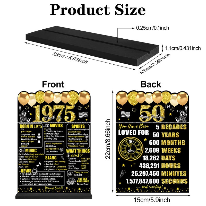 Guiruiy Black Gold 50Th Birthday Decorations For Men Women  Two-Sided Vintage 50 Back In 1975 Theme Poster Wooden Table Sign With Stand  Fifty Years Old Bday Centerpieces Display Holder For Table Decor - Image 2