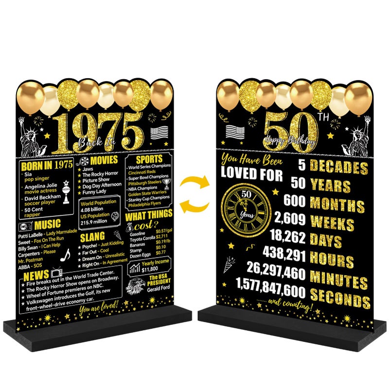 Guiruiy Black Gold 50Th Birthday Decorations For Men Women  Two-Sided Vintage 50 Back In 1975 Theme Poster Wooden Table Sign With Stand  Fifty Years Old Bday Centerpieces Display Holder For Table Decor - Image 1