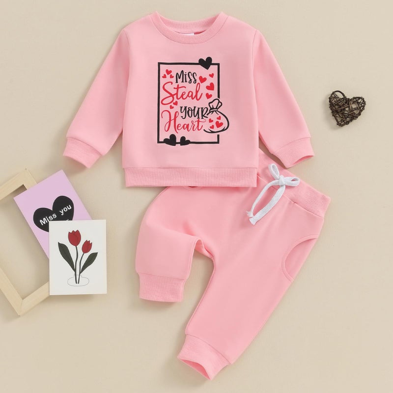 BeQeuewll Baby Girl Valentines Day Outfit Miss Steal Your Heart Sweatshirt Jogger Pants Infant Toddler Girls Clothes Pink Set (Miss Steal Your Heart, 18-24 Months) - Image 2