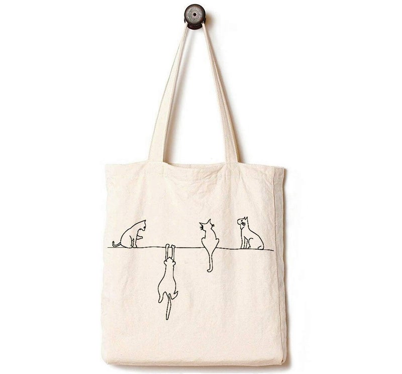 Andes Heavy Duty Flat-Bottom Canvas Tote Bag with Side Pockets - Handmade from12oz 100% Cotton, Reusable & Durable, Four Cats at Home - Image 1