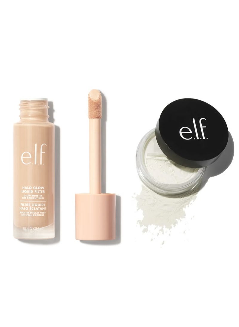 إلف فلتر سائل هالو جلو، معزز للبشرة للحصول على مظهر متوهج وناعم، غني بحمض الهيالورونيك، نباتي، درجة واحدة فاتحة + بودرة شفافة عالية الوضوح - Image 1