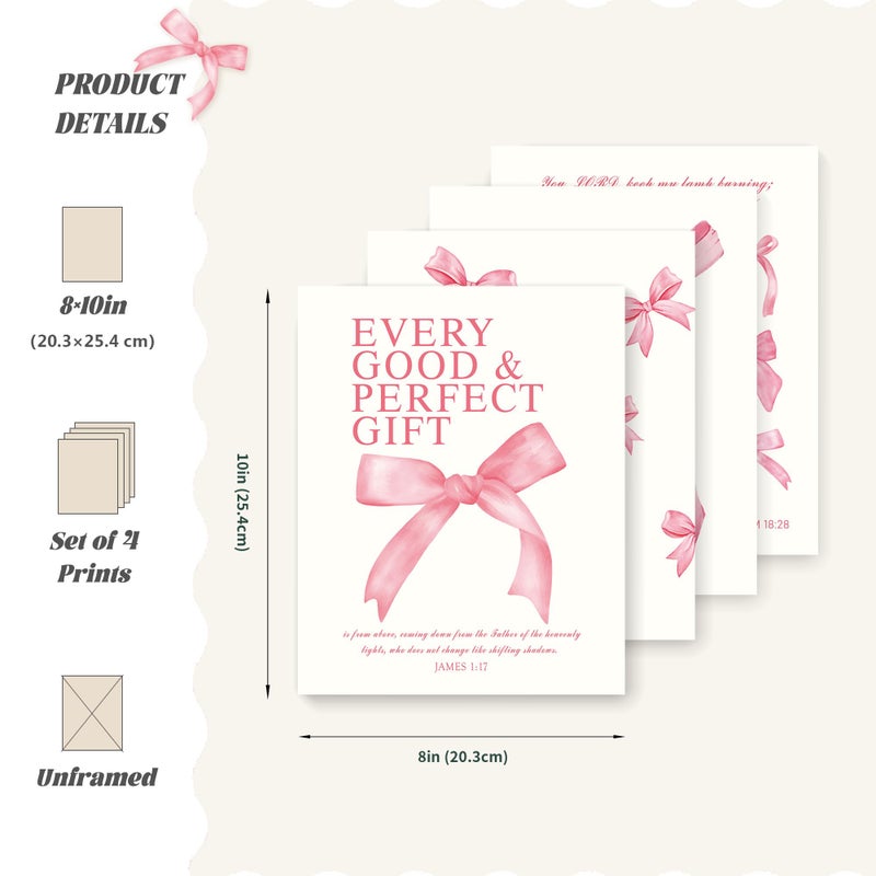 LARTSFRO Coquette Pink Bow Christian Wall Art Decor Posters, Pink Bow Christian Bathroom Room Bedroom Dorm Wall Art Decor Aesthetic for College Teen Girls Gifts,Inspirational Bible Verses Bow Wall Decor, 10x8 Inch Set of 4 Bow Pictures(UNFRAMED) - Image 2