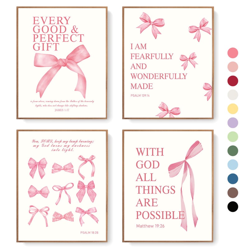 LARTSFRO Coquette Pink Bow Christian Wall Art Decor Posters, Pink Bow Christian Bathroom Room Bedroom Dorm Wall Art Decor Aesthetic for College Teen Girls Gifts,Inspirational Bible Verses Bow Wall Decor, 10x8 Inch Set of 4 Bow Pictures(UNFRAMED) - Image 1