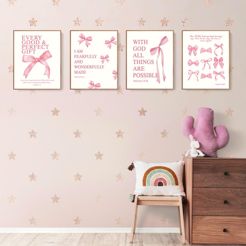 LARTSFRO Coquette Pink Bow Christian Wall Art Decor Posters, Pink Bow Christian Bathroom Room Bedroom Dorm Wall Art Decor Aesthetic for College Teen Girls Gifts,Inspirational Bible Verses Bow Wall Decor, 10x8 Inch Set of 4 Bow Pictures(UNFRAMED) - Image 3