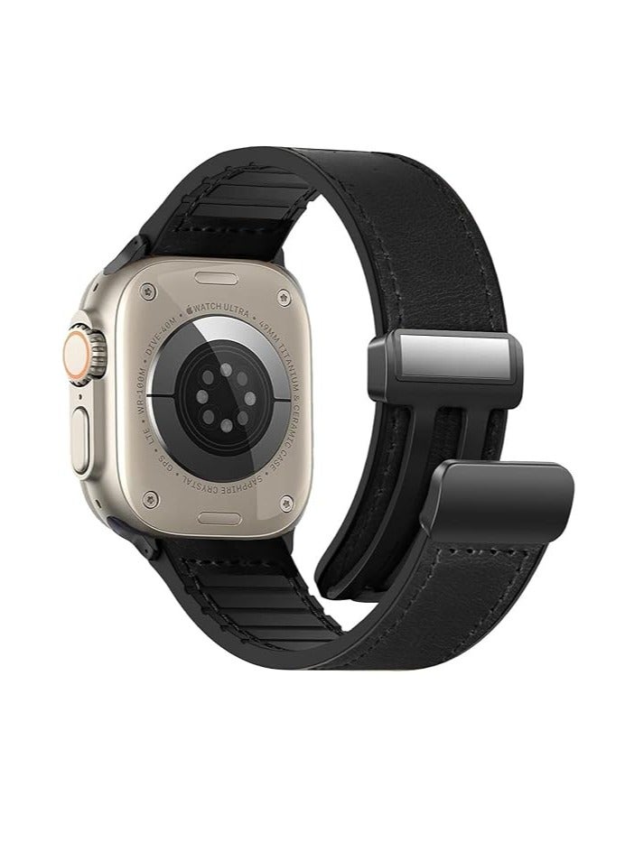 DUSALA Magnetic Leather Watch Band for Apple Watch Ultra 49mm/45mm/44mm/42mm  Magnetic Buckle Genuine Leather Strap for Apple Watch Series Black - Image 1