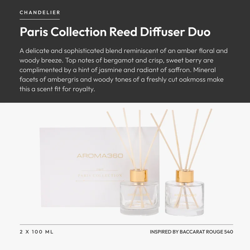 Aroma360  Chandelier - Paris Collection Reed Diffuser Duo - Luxury Aromatherapy Diffuser - Hints of Bergamot, Sweet Berry, Jasmine & Saffron - Essential Oil Diffusers  | Best Price UAE