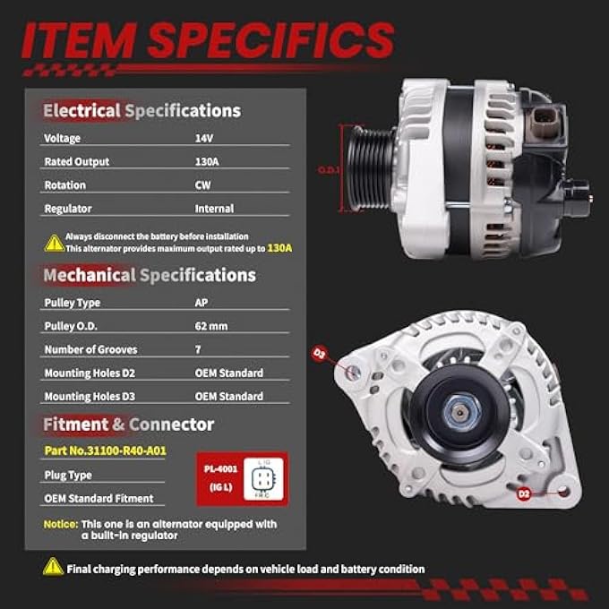TSSLIIN Upgraded High Output Alternator For/HONDA Accord EX EX-L LX 2008-2012 LX-P 2009-2012, For/Acura TSX 2009-2014 2.4L L4 31100-R40-A01 130A 12V 7-Groove Pulley - Image 4