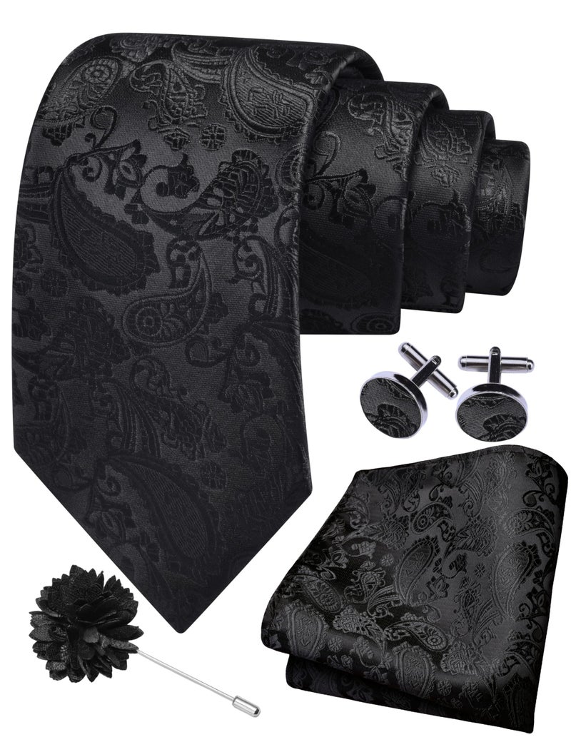 GUSLESON Black Mens Paisley Wedding Necktie Pocket Square Cufflinks and Lapel Pin Brooch Set (IN6105-08) - Image 1
