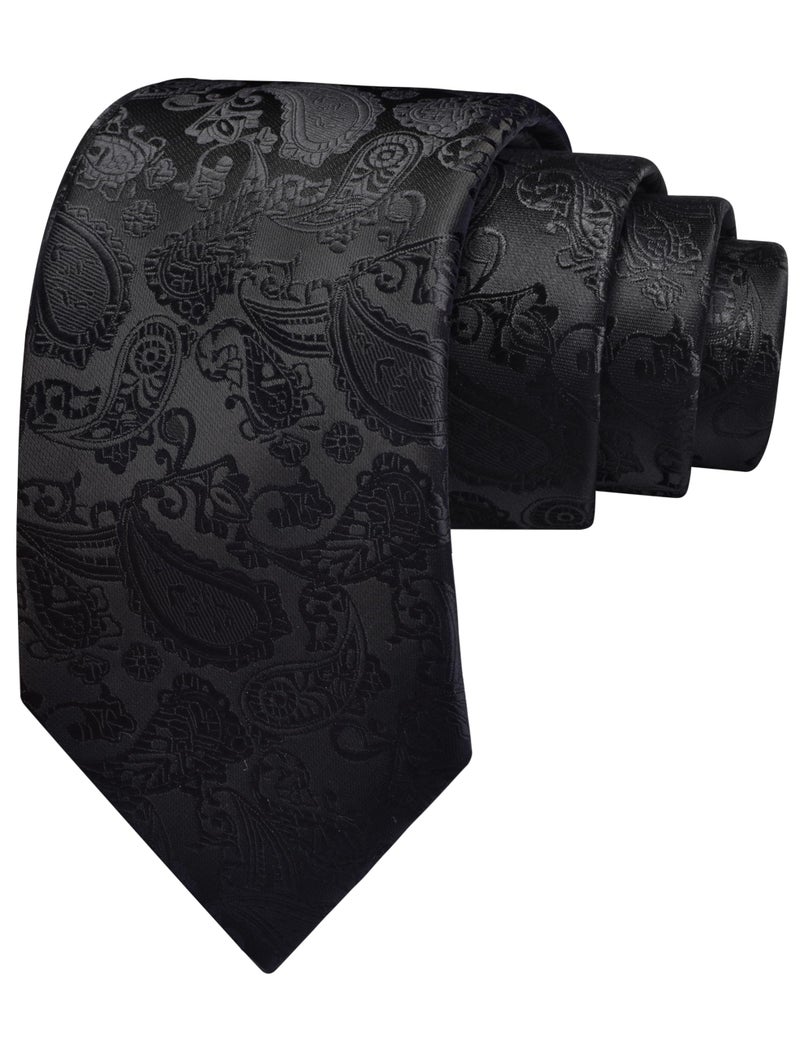 GUSLESON Black Mens Paisley Wedding Necktie Pocket Square Cufflinks and Lapel Pin Brooch Set (IN6105-08) - Image 3