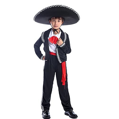 STIOEDYUAN Kids Mexican Costume for Boys Folklorico Cinco De Mayo Amigo Day Of The Dead Mariachi Halloween Cosplay Outfit Fiesta (Black, Medium) - Image 4