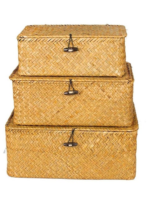 FFD Woven Wicker Storage Bins with Lid Set of 3 Rectangular Seagrass Basket and Storage Basket with Lid Rattan Storage Organizer and Storage Basket For Shelf Organizer