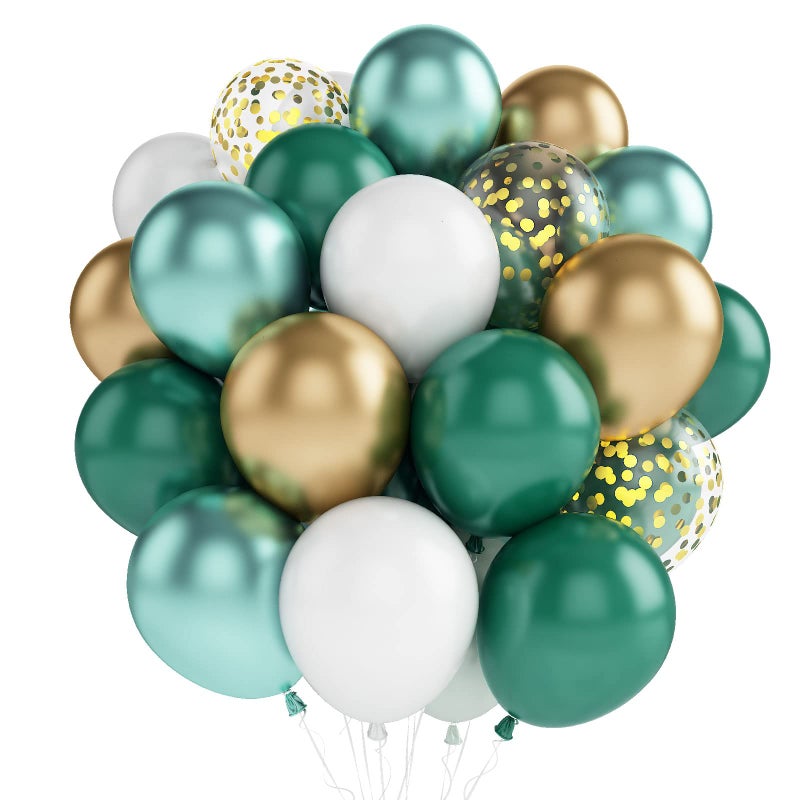 Metallic Green Gold Balloons 60 Packs 12 Inch Dark Green White Gold Latex Balloons with Ribbons for Wedding Anniversary Birthday Baby Shower Jungle Sarfari Party