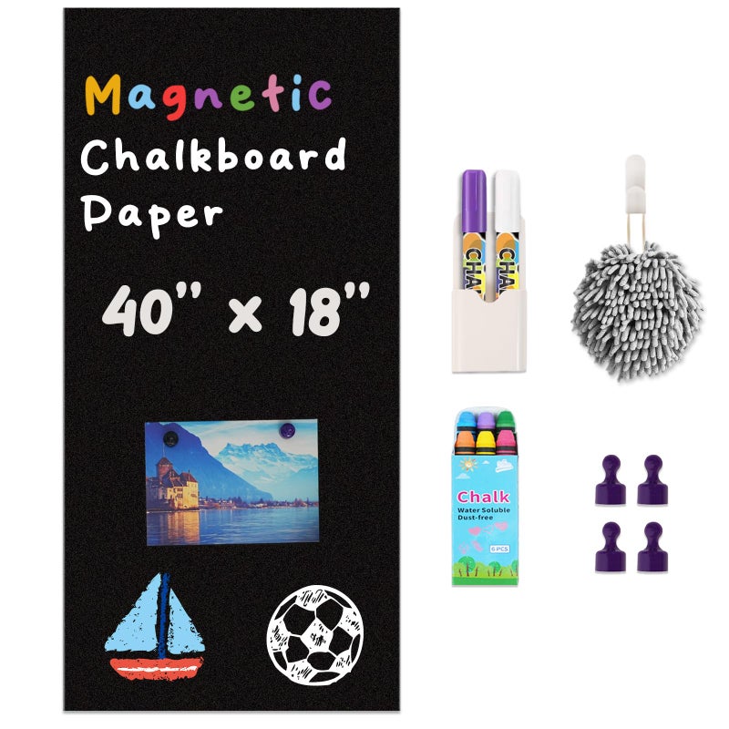 YOUNGJQ Magnetic Chalkboard Contact Paper for Wall 40" x 18" Self Adhesive Blackboard Wallpaper Peel and Stick Chalk Board Wall Decal Roll with Chalks for Kids Home Playroom Classroom - Image 1