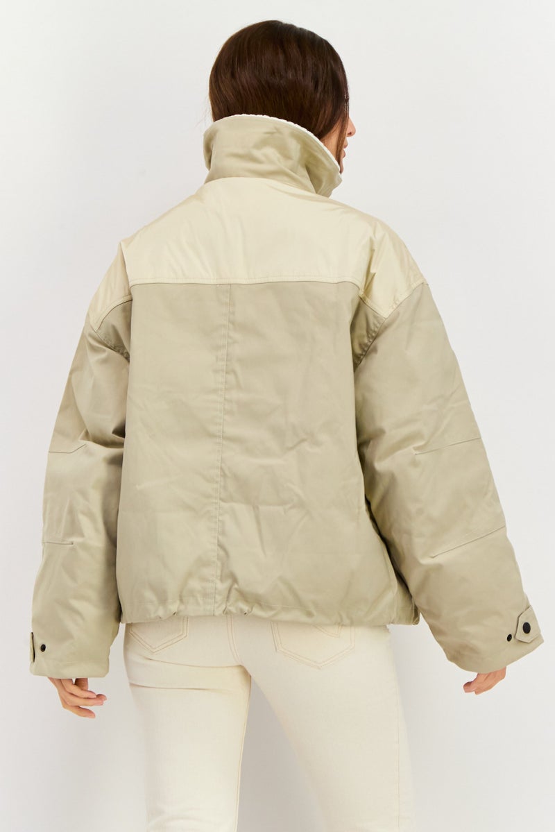 En Saison Women Two Tone Puffer Jacket, Beige - Image 4