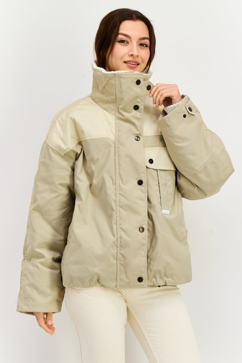 En Saison Women Two Tone Puffer Jacket, Beige - Image 1