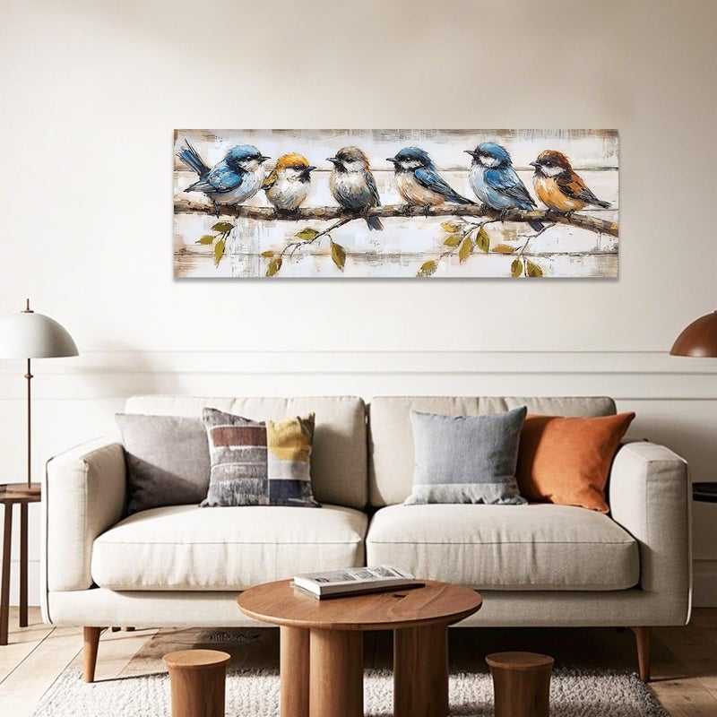 CCWACPP Birds on Tree Branches Wall Art Rustic Bird Painting Canvas Print Flying Animal Pictures Country Farmhouse Living Room Bedroom Home Decor (8"x24") - Image 2