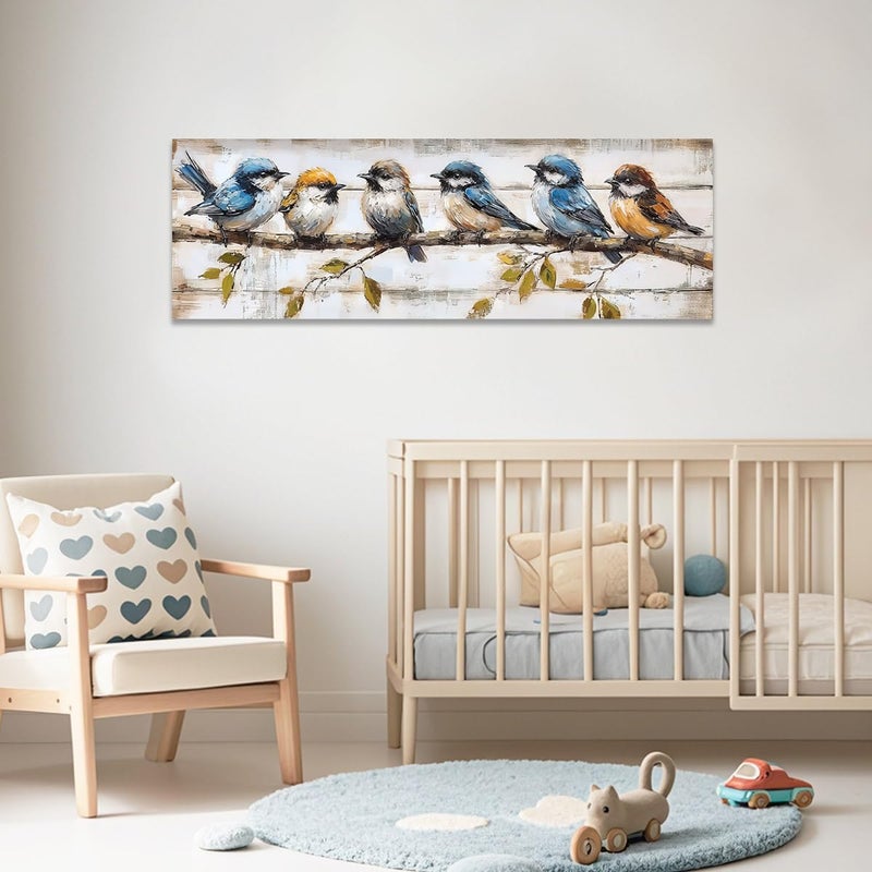 CCWACPP Birds on Tree Branches Wall Art Rustic Bird Painting Canvas Print Flying Animal Pictures Country Farmhouse Living Room Bedroom Home Decor (8"x24") - Image 3
