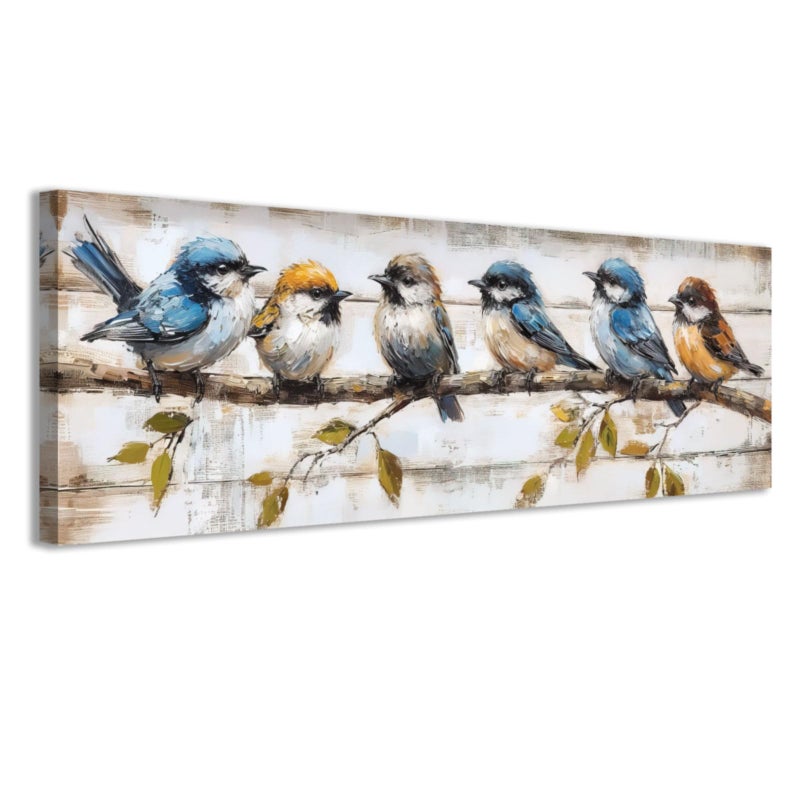 CCWACPP Birds on Tree Branches Wall Art Rustic Bird Painting Canvas Print Flying Animal Pictures Country Farmhouse Living Room Bedroom Home Decor (8"x24") - Image 1
