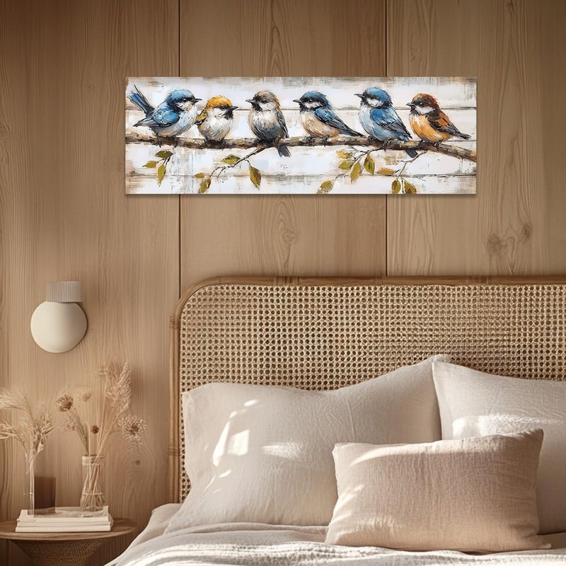 CCWACPP Birds on Tree Branches Wall Art Rustic Bird Painting Canvas Print Flying Animal Pictures Country Farmhouse Living Room Bedroom Home Decor (8"x24") - Image 4