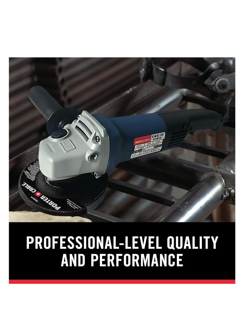 Super power Angle grinder 115mm, 1250W power, grinding machine power tool, electric metal grinder 12000 RPM, with side handle and side stop button, with 2 grinding discs, 2 flip discs