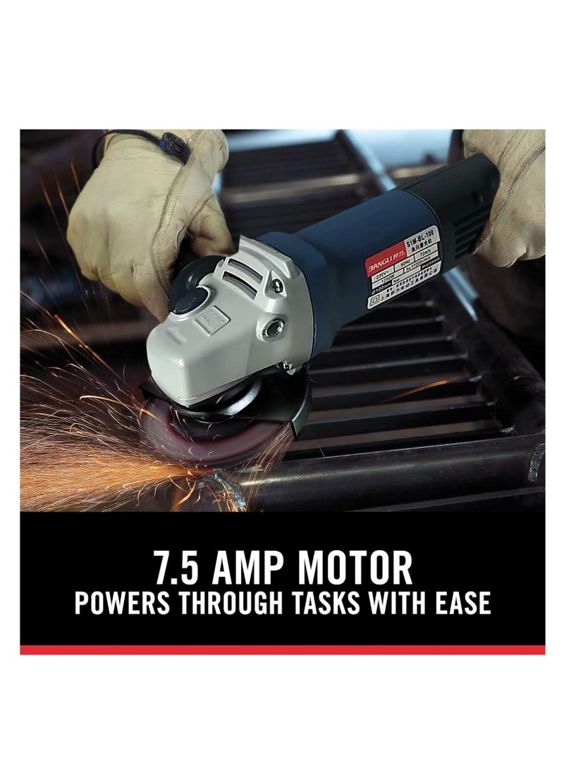 Super power Angle grinder 115mm, 1250W power, grinding machine power tool, electric metal grinder 12000 RPM, with side handle and side stop button, with 2 grinding discs, 2 flip discs