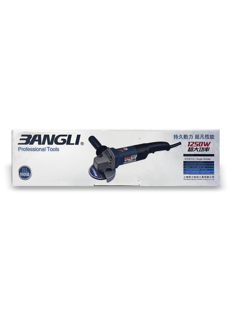 Super power Angle grinder 115mm, 1250W power, grinding machine power tool, electric metal grinder 12000 RPM, with side handle and side stop button, with 2 grinding discs, 2 flip discs