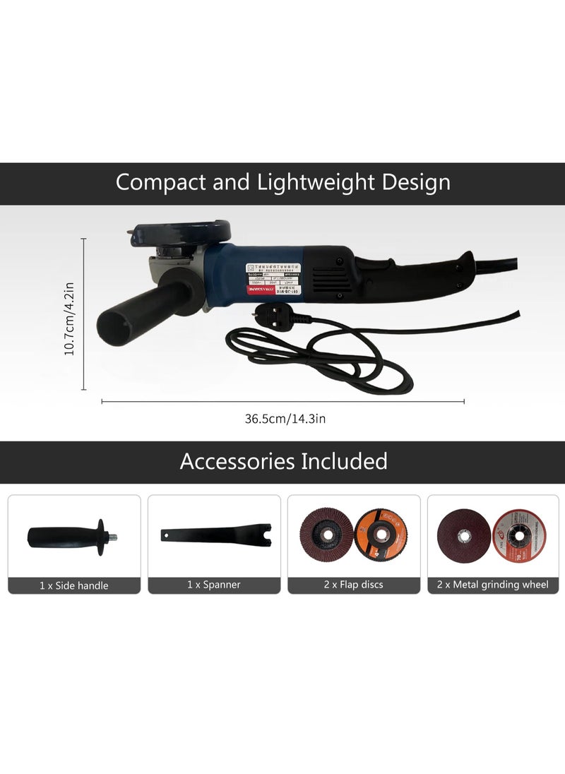 Super power Angle grinder 115mm, 1250W power, grinding machine power tool, electric metal grinder 12000 RPM, with side handle and side stop button, with 2 grinding discs, 2 flip discs