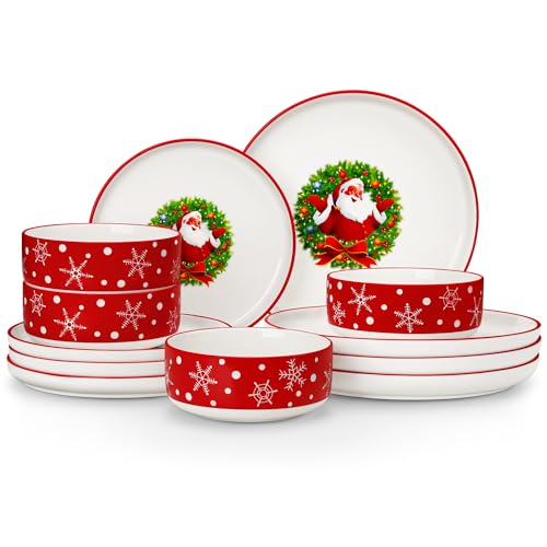 MALACASA Plates and Bowls Sets, 12 Pieces Christmas Porcelain Dinnerware Set for 4, Ceramic Dishware Dishes Kitchen Dinner Dining Ware Set, Microwave and Dishwasher Safe, Series LUNA-Santa Claus - Image 1