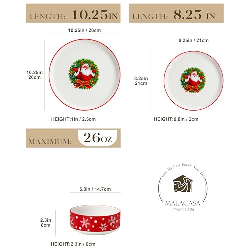 MALACASA Plates and Bowls Sets, 12 Pieces Christmas Porcelain Dinnerware Set for 4, Ceramic Dishware Dishes Kitchen Dinner Dining Ware Set, Microwave and Dishwasher Safe, Series LUNA-Santa Claus - Image 2