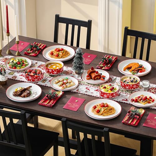 MALACASA Plates and Bowls Sets, 12 Pieces Christmas Porcelain Dinnerware Set for 4, Ceramic Dishware Dishes Kitchen Dinner Dining Ware Set, Microwave and Dishwasher Safe, Series LUNA-Santa Claus - Image 5