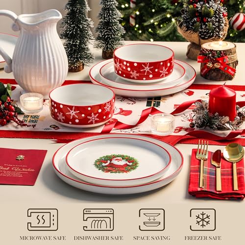 MALACASA Plates and Bowls Sets, 12 Pieces Christmas Porcelain Dinnerware Set for 4, Ceramic Dishware Dishes Kitchen Dinner Dining Ware Set, Microwave and Dishwasher Safe, Series LUNA-Santa Claus - Image 4