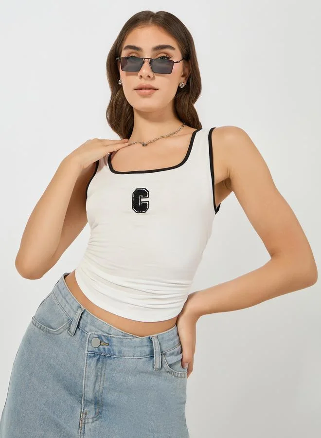 Styli Embroidered Contrast Binding Square Neck Regular Tank